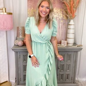 Light summer green dress high front/low back.